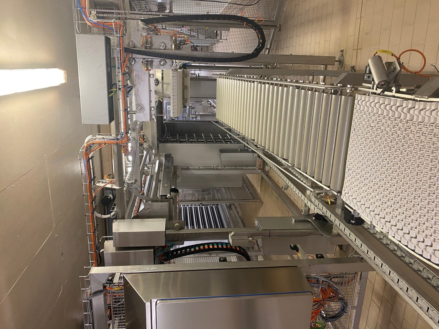 Conveyor carrying cheeses onward in the line.