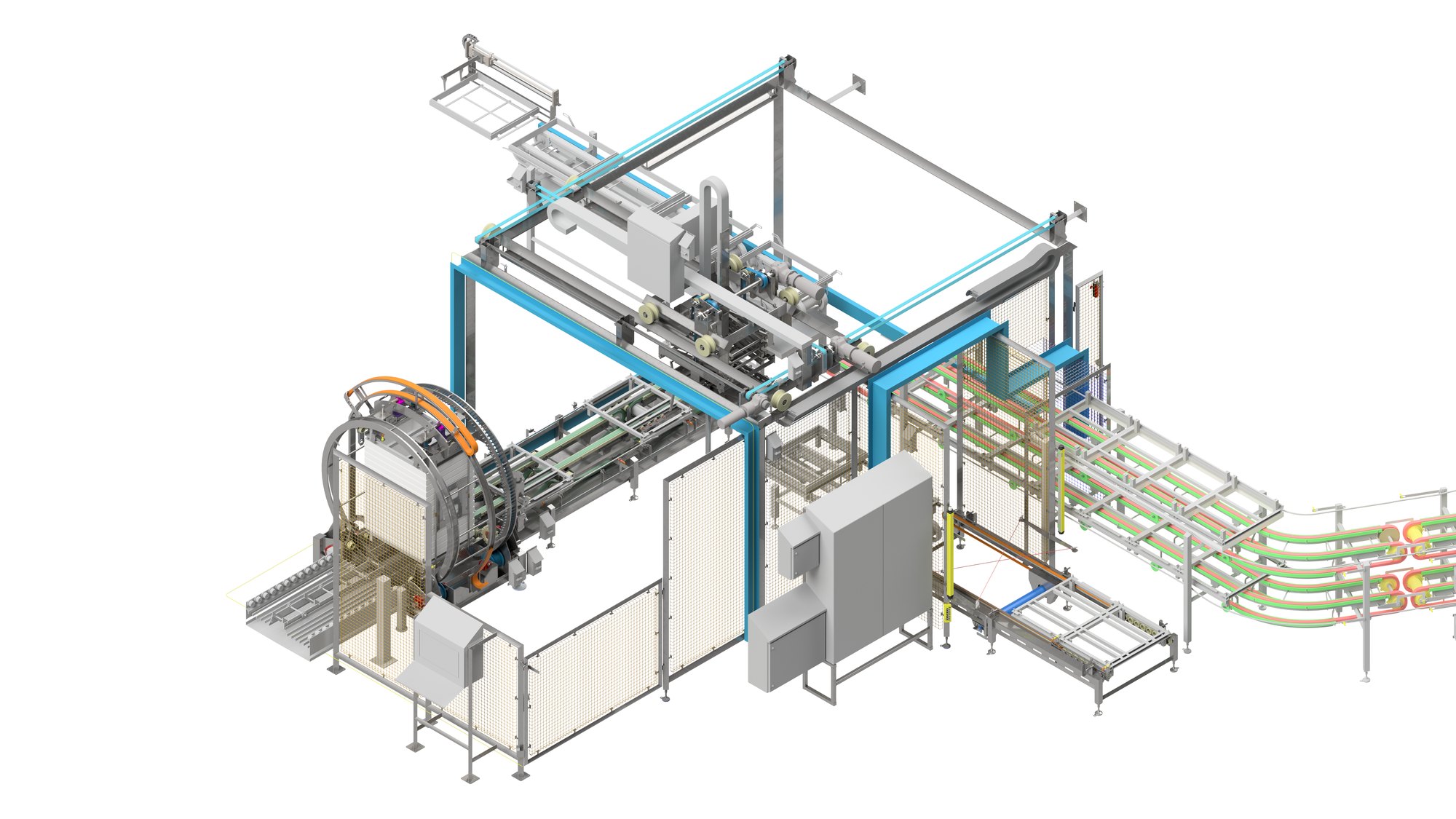 3D model of an XYZ gantry system with mold turner and conveyors, delivered by HSV Combi to Arla Troldhede.