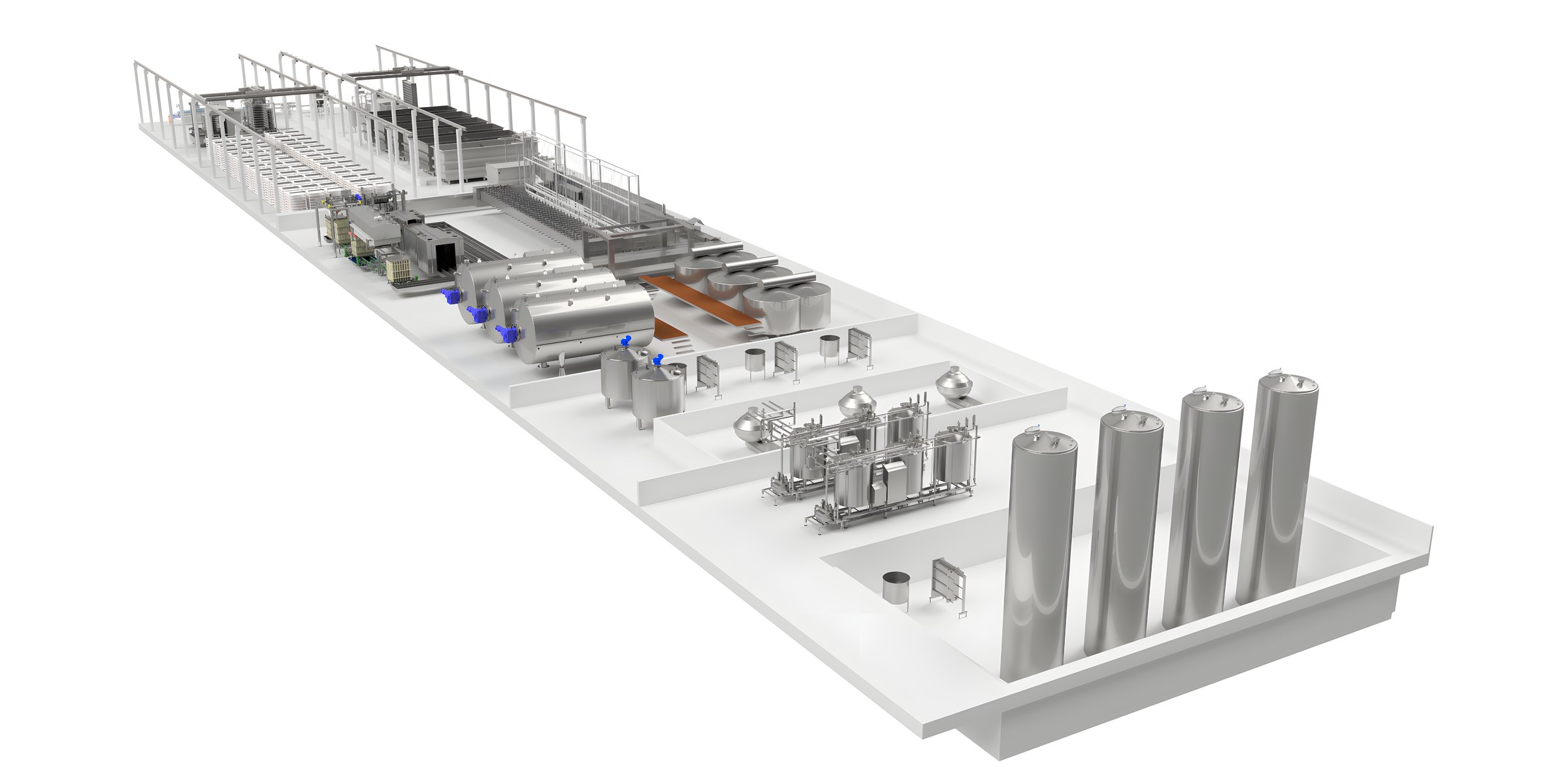 3D-layout af et komplet osteanlæg med procestanke, formhåndtering og reolsystemer.