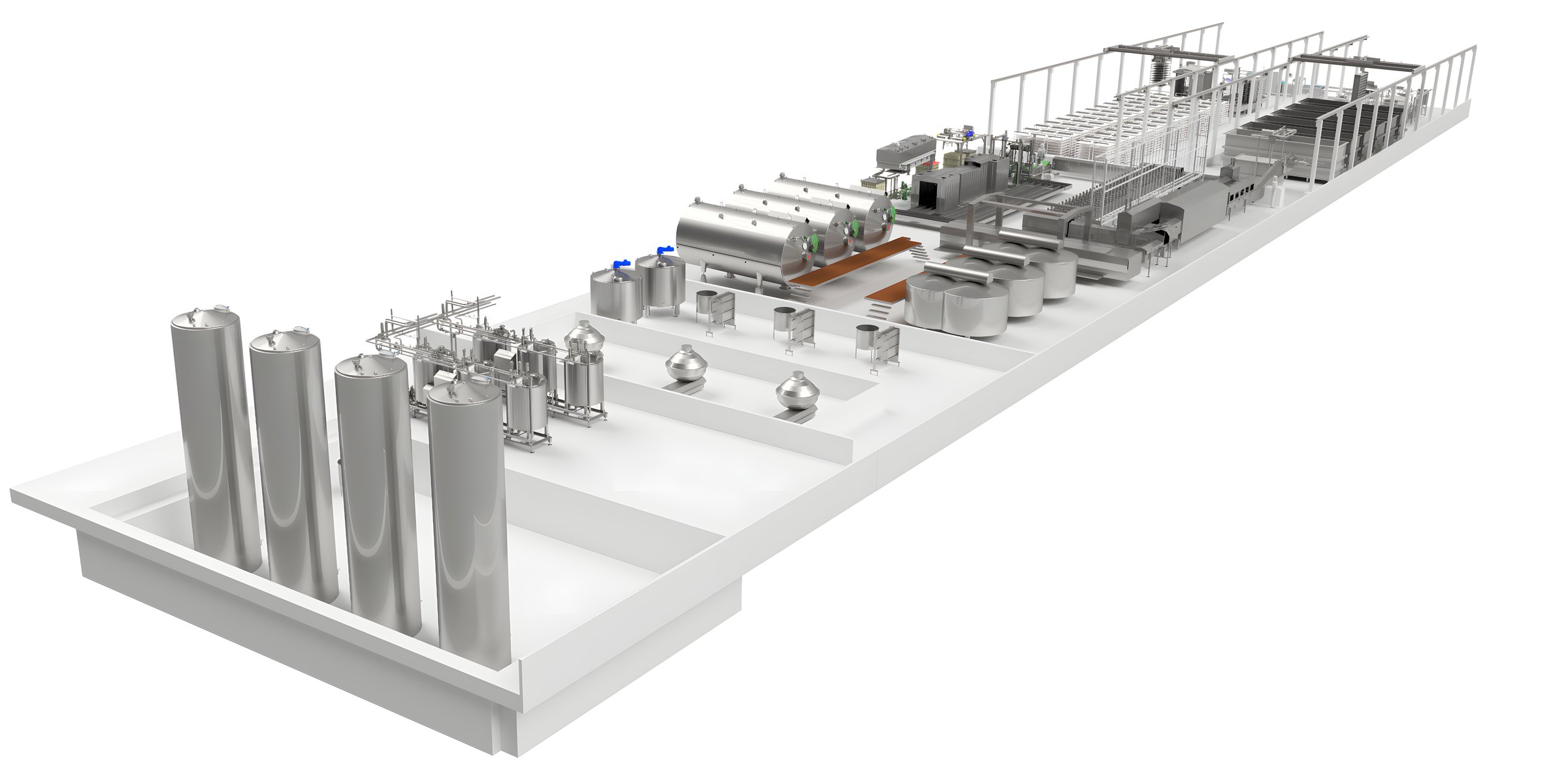 3D model of a process plant with tanks and piping during engineering.