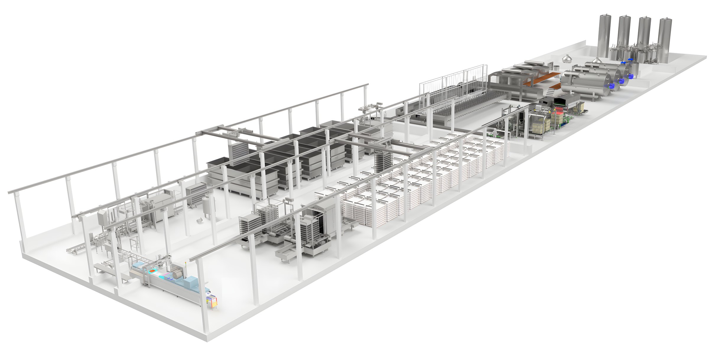 3D layout of a complete cheese plant from milk treatment to ripening.