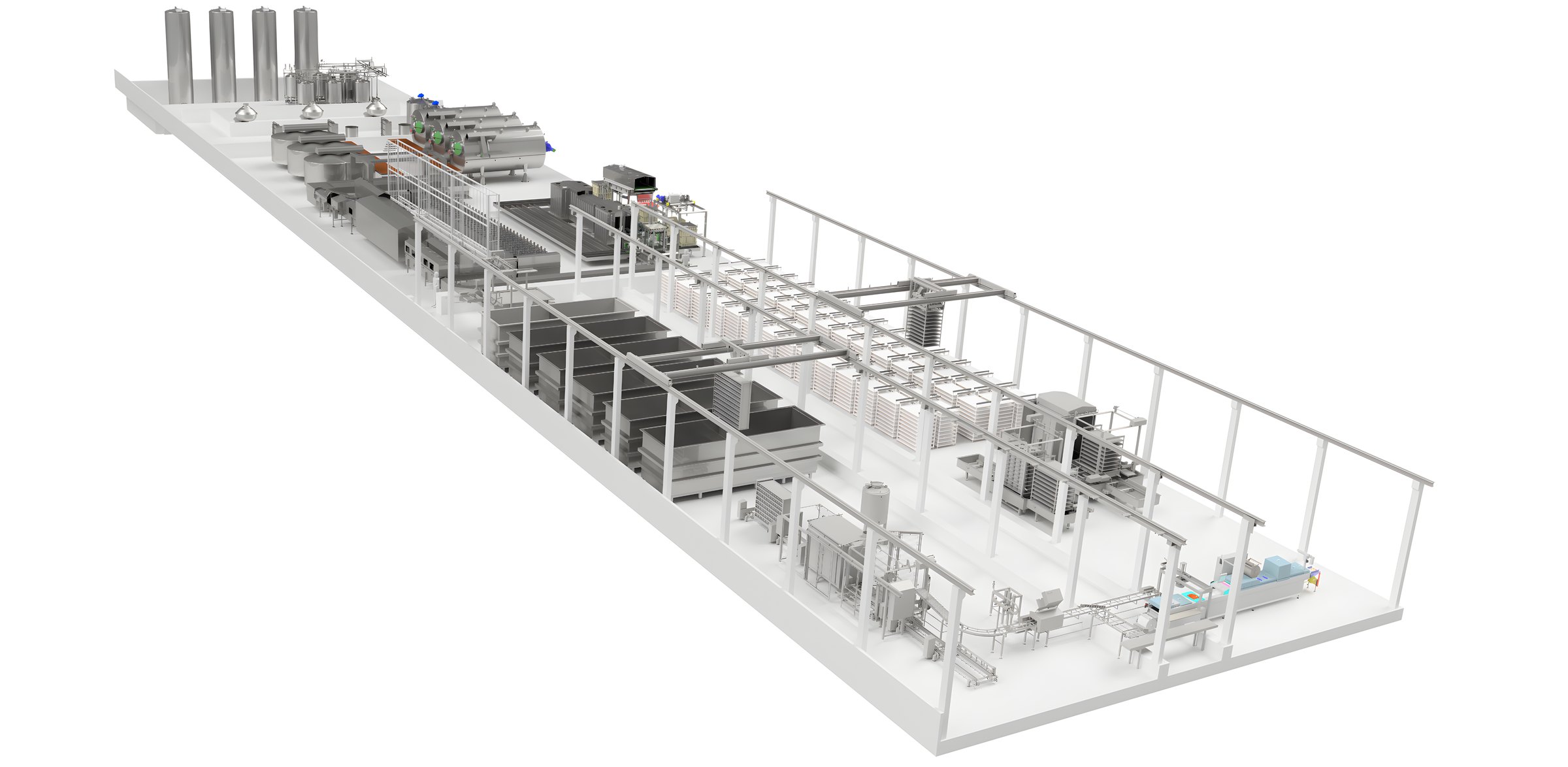 3D layout of a complete turnkey cheese plant with process plant, cheese vats and rack systems.
