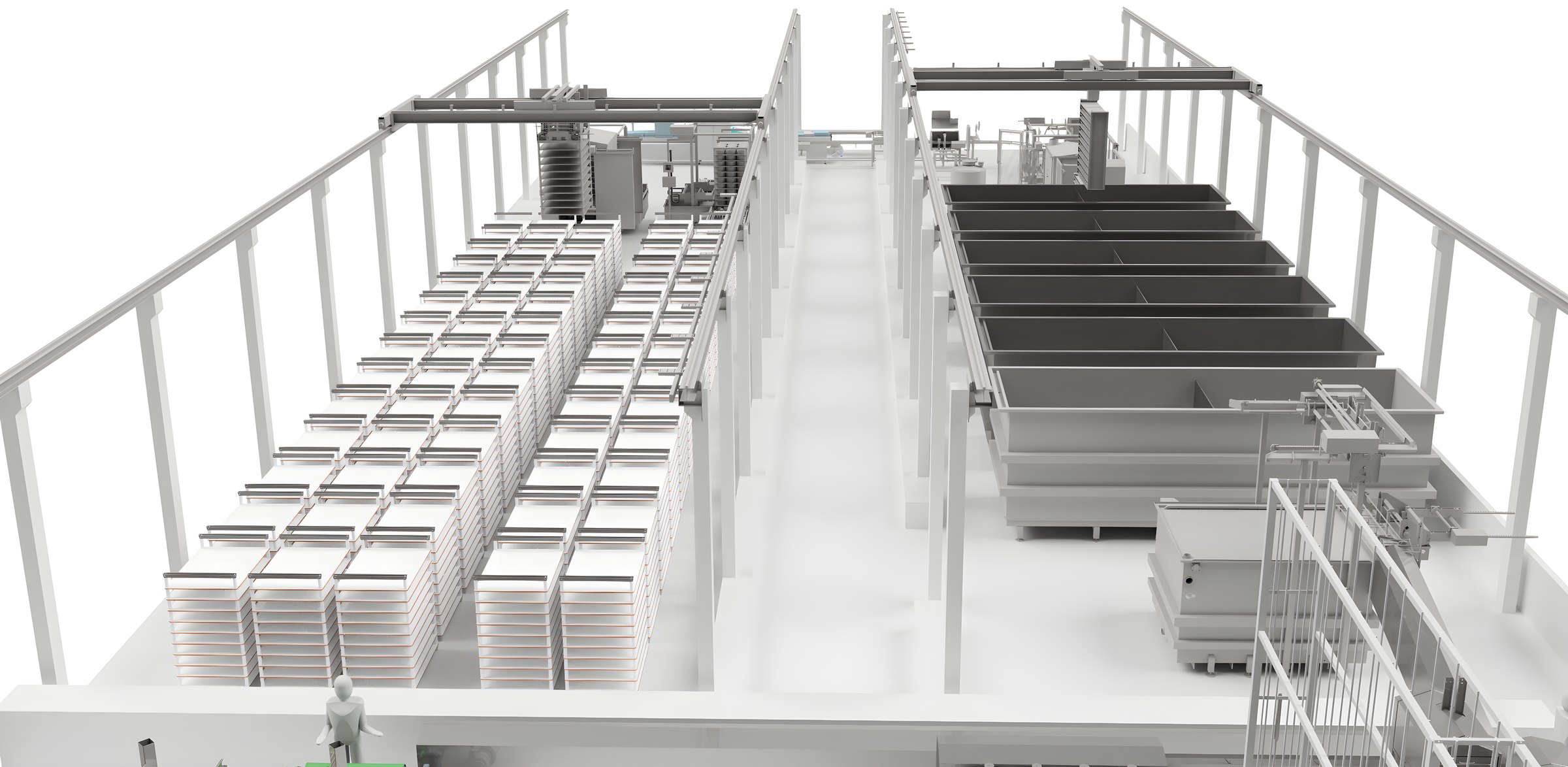 3D model of a rack system with automatic cranes.