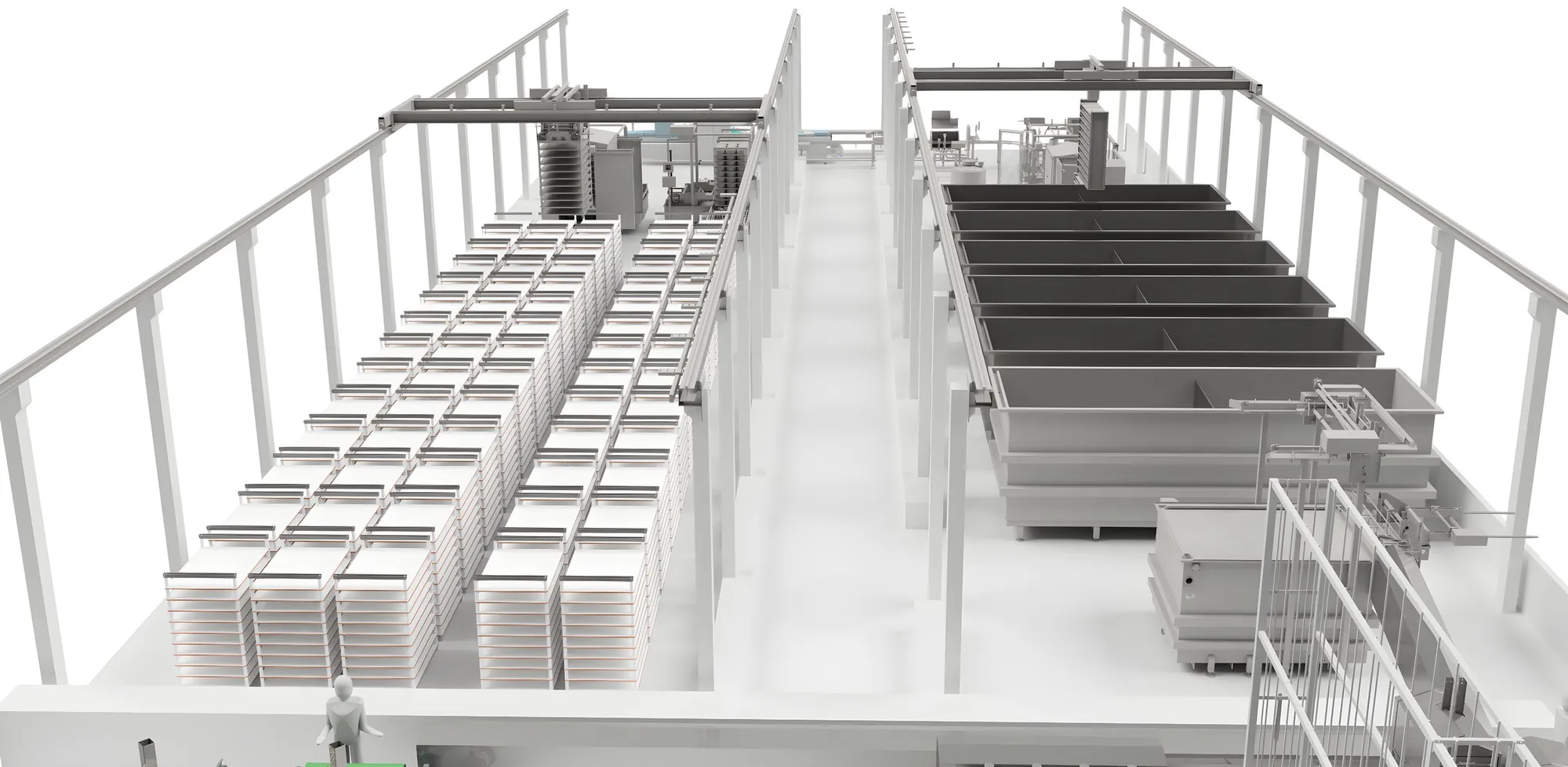 3D-model af reolsystem og kraner.